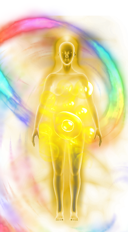Silhouette humaine symbolisée, avec des cellules au centre de son corps, et des couleurs tournant autour